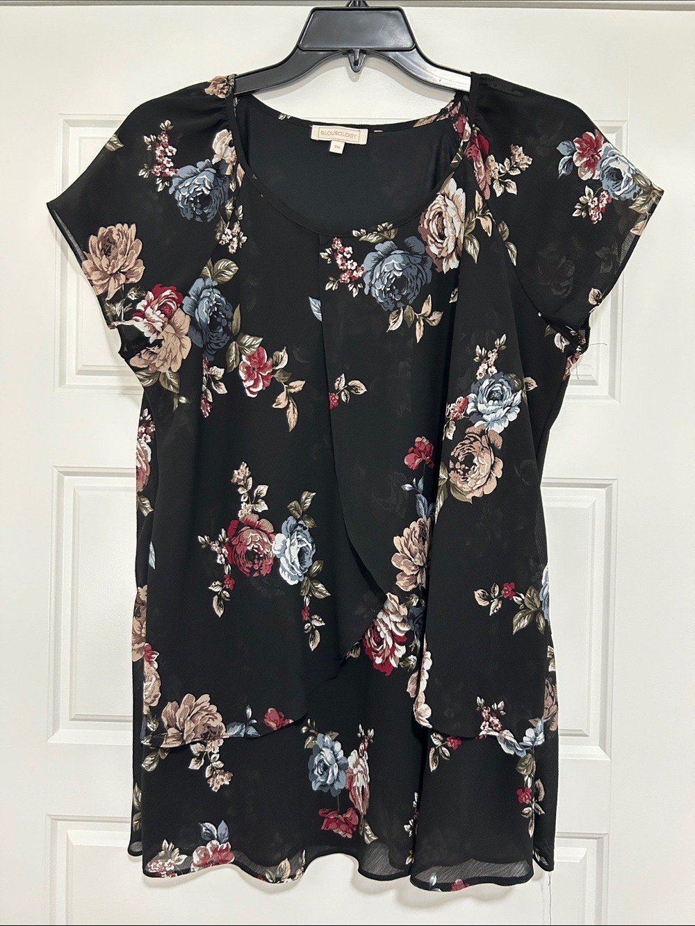 Black Floral Layered Short Sleeve Blouse